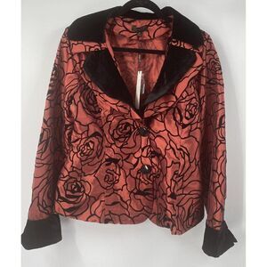 NWT Jerry T Size M Red & Black Velvet Trim Button Front Jacket